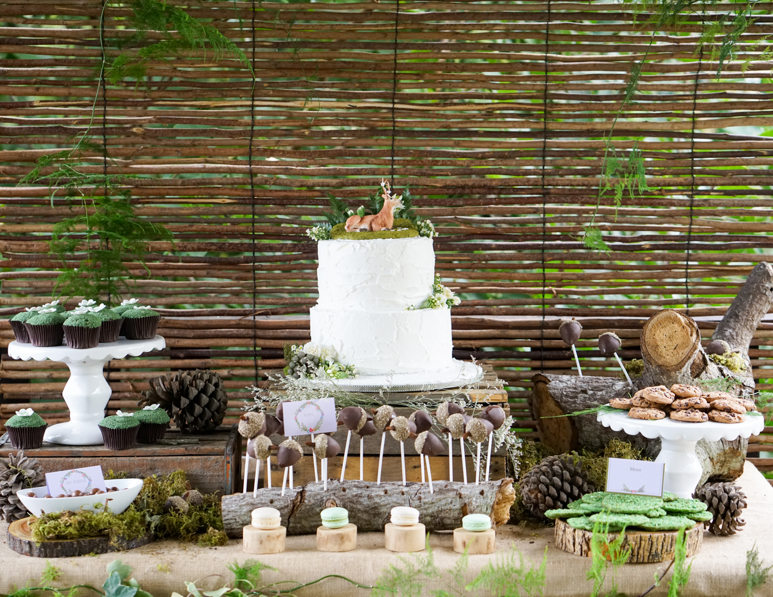 Boho Enchanted Woodland Party Candy Table embellished with greenery and wood