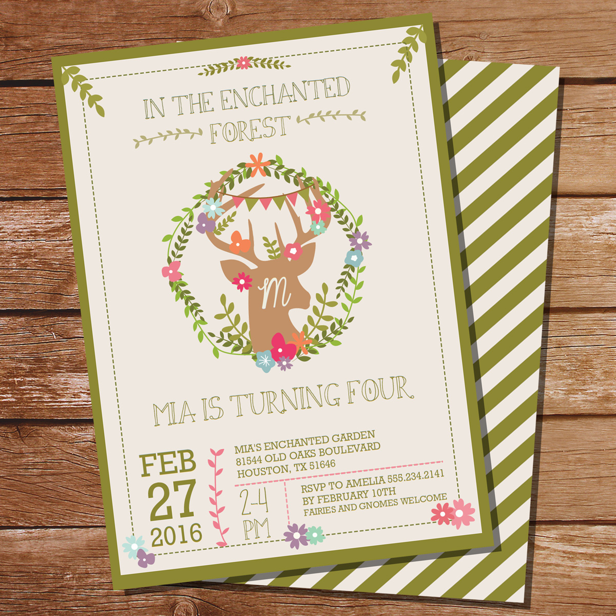 Enchanted Woodland Birthday Party Invitation with a stag head and floral wreath