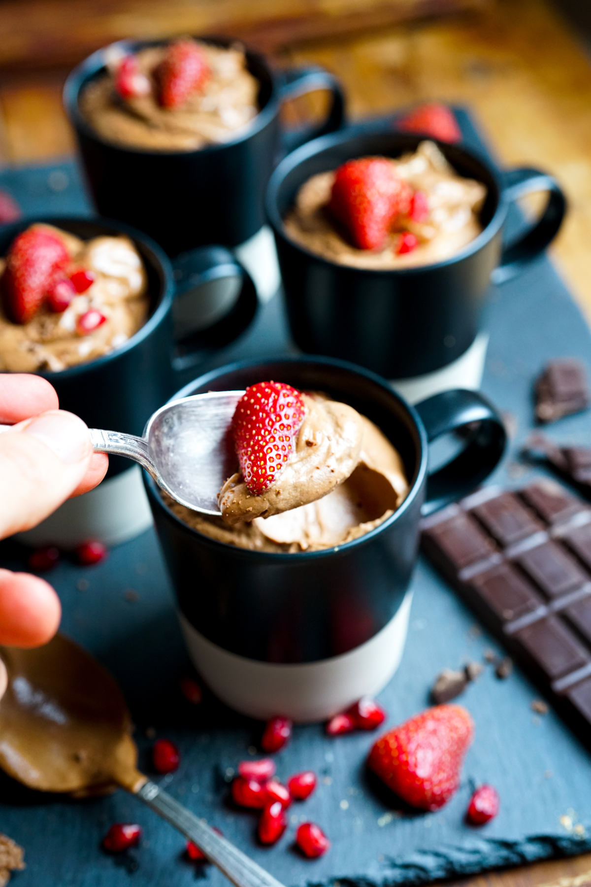 digging into some chocolate mousse