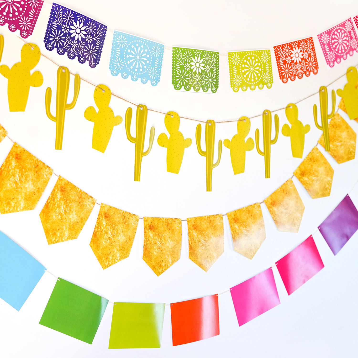 Four Fiesta Garland Printables - doily, cactus, gold pendant and color block.