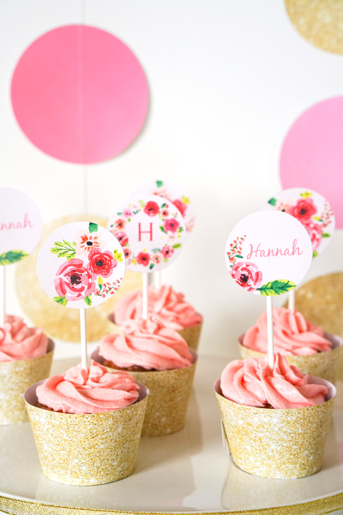 Half Birthday Party Floral Watercolor Cupcake Toppers and gold glitter cupcake wrappers