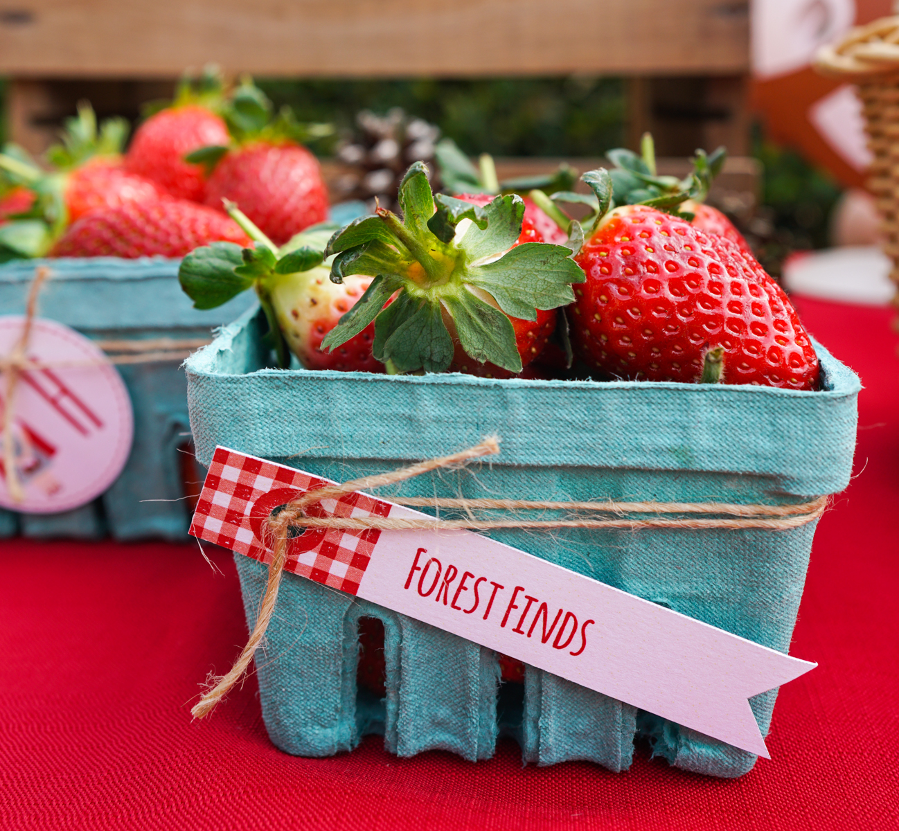 Little Red Riding Hood Party Food Ideas of using turquoise punnets to hold strawberries to being a pop of different color to compliment and finished off with a printable tag