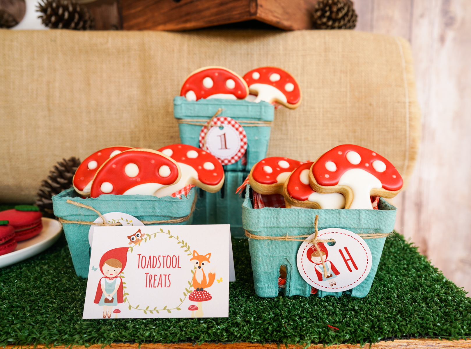 Little Red Riding Hood Birthday Party Toadstool Sugar Cookies with printable food labels