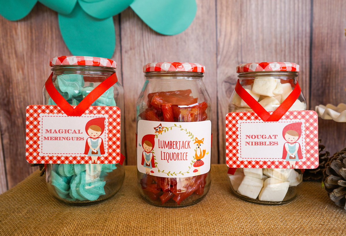 Little Red Riding Hood Party Food Ideas of displaying to sweet treats in jars with labels around