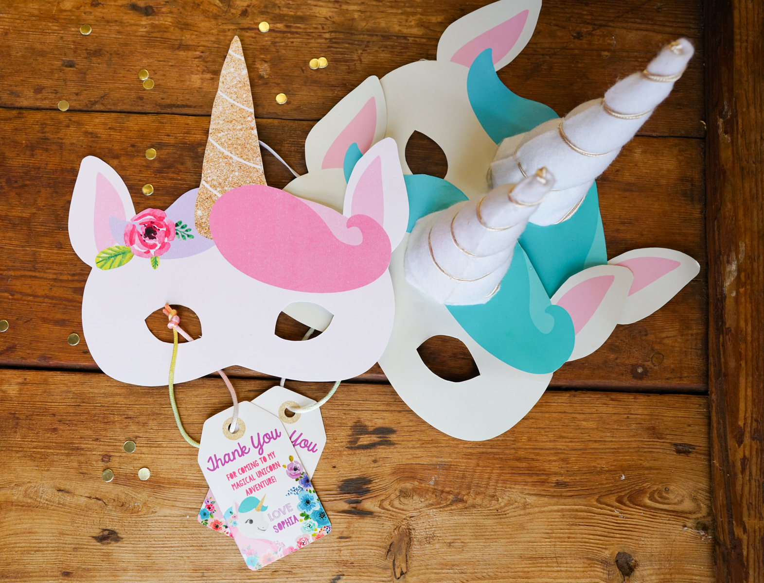 Soft blue and pink unicorn party favor masks to make at home.