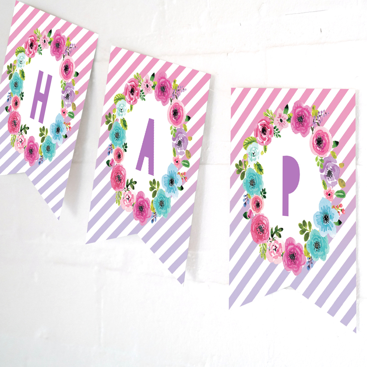 Pretty candy stripe pink and floral editable unicorn party banner
