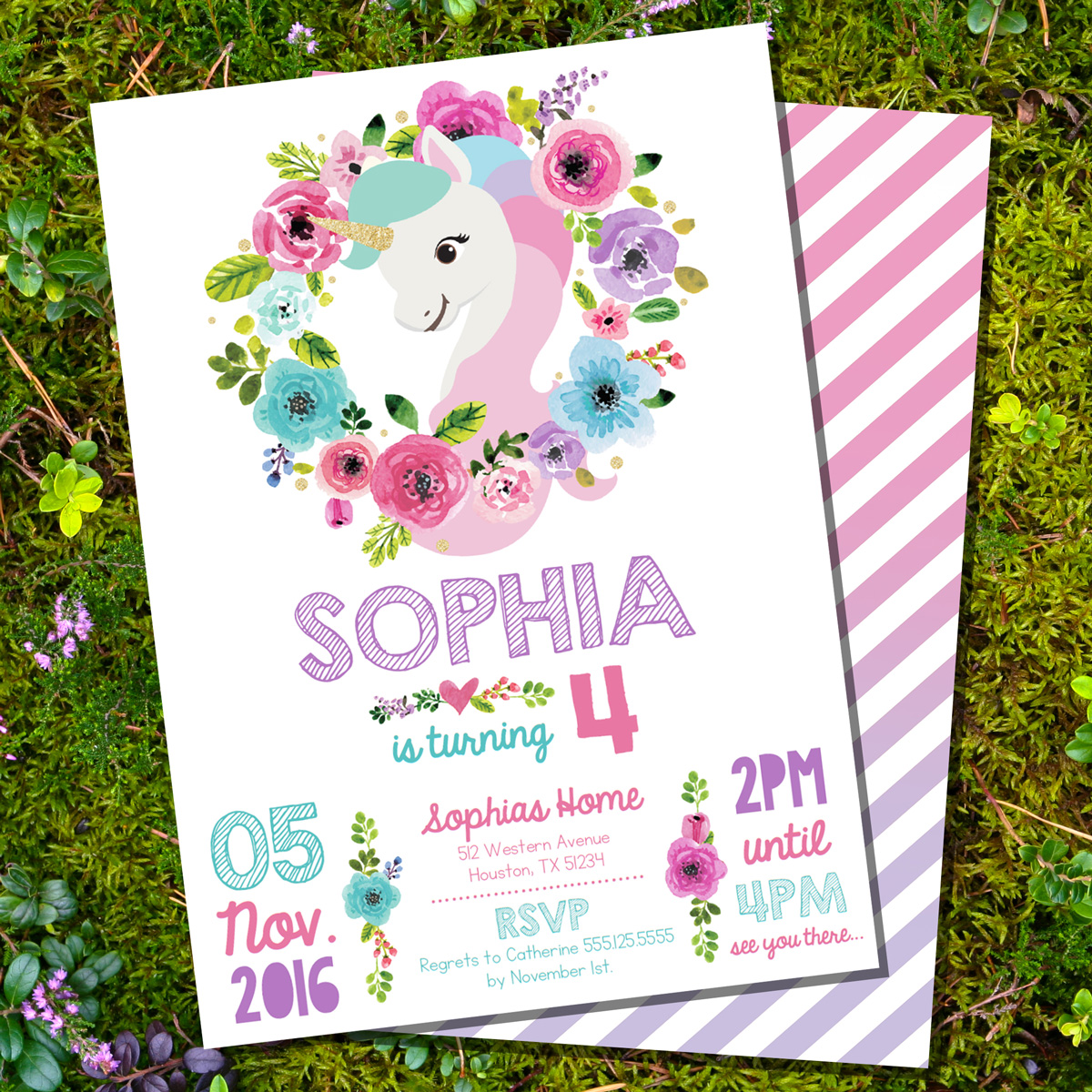 Pretty pastel unicrn party invitation with matching candy stripe backing - isntant download.