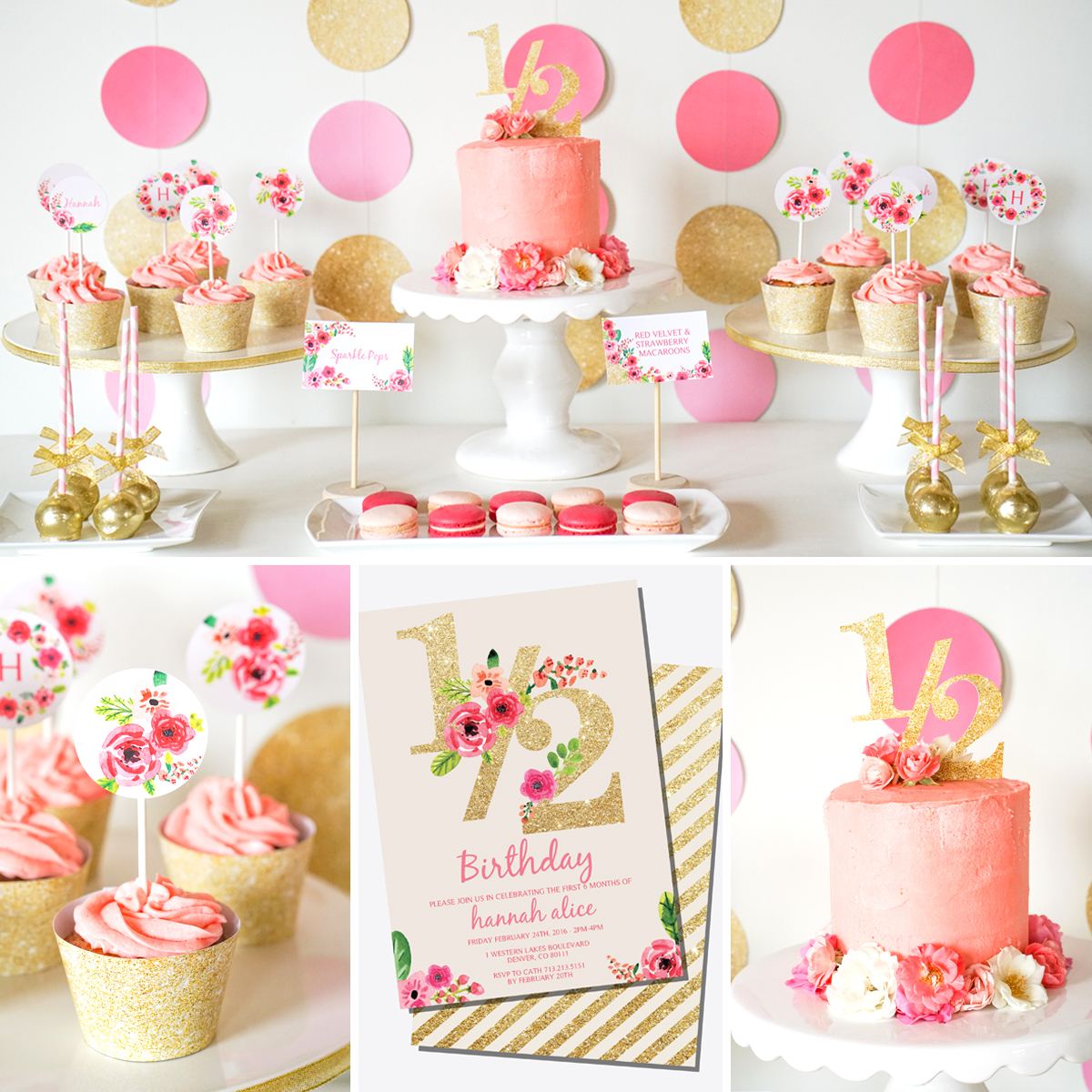 Half Birthday Party Printable Party Decor with watercolor florals and embellishments of gold glitter