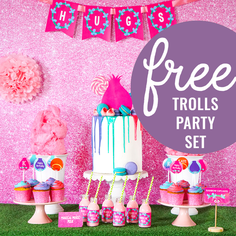 A happy, pink Trolls party set for FREE download!