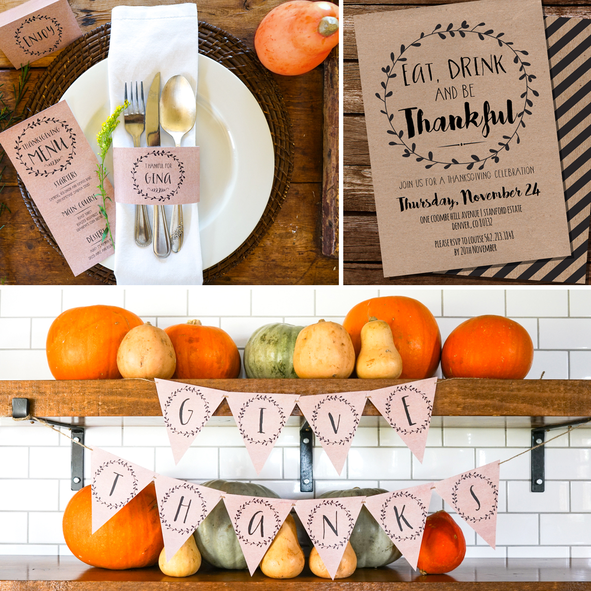 Thanksgiving Craft Invitation, banner, menu and place setting 
