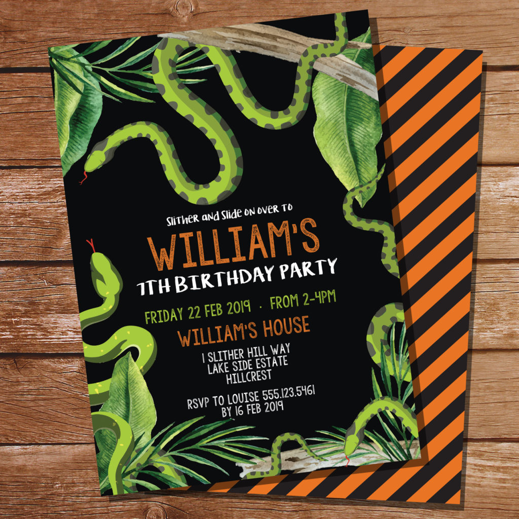 Editable, printable snake party invitation with green and black diagonal stripe backing.