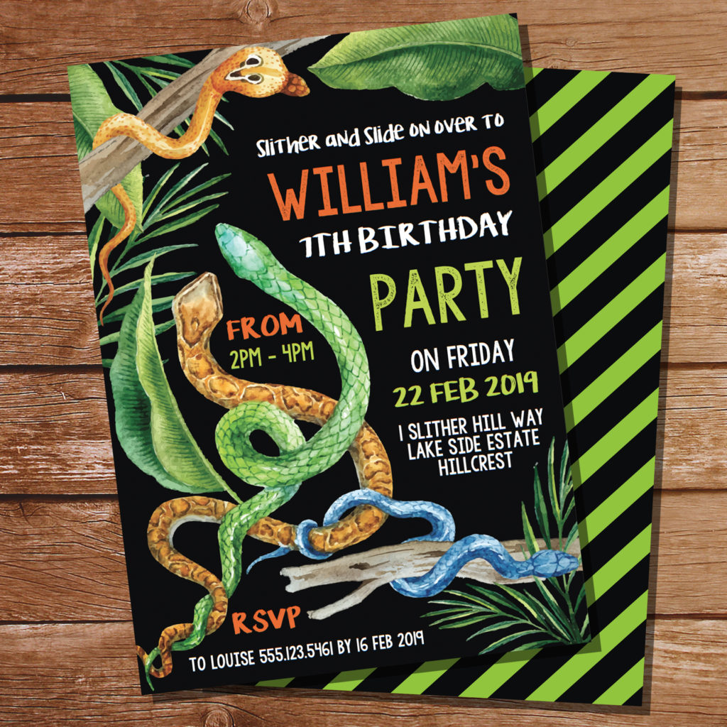 Editable, printable snake party invitation with green and black daigonal stripe backing.