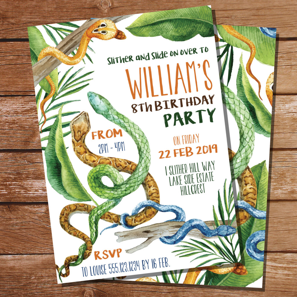 Editable printable snake party invitation with jungle foliage backing design