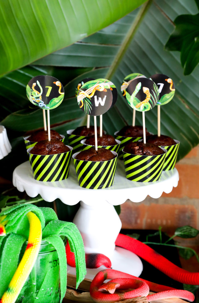 Snake party muffins with cupcake wrappers and toppers.