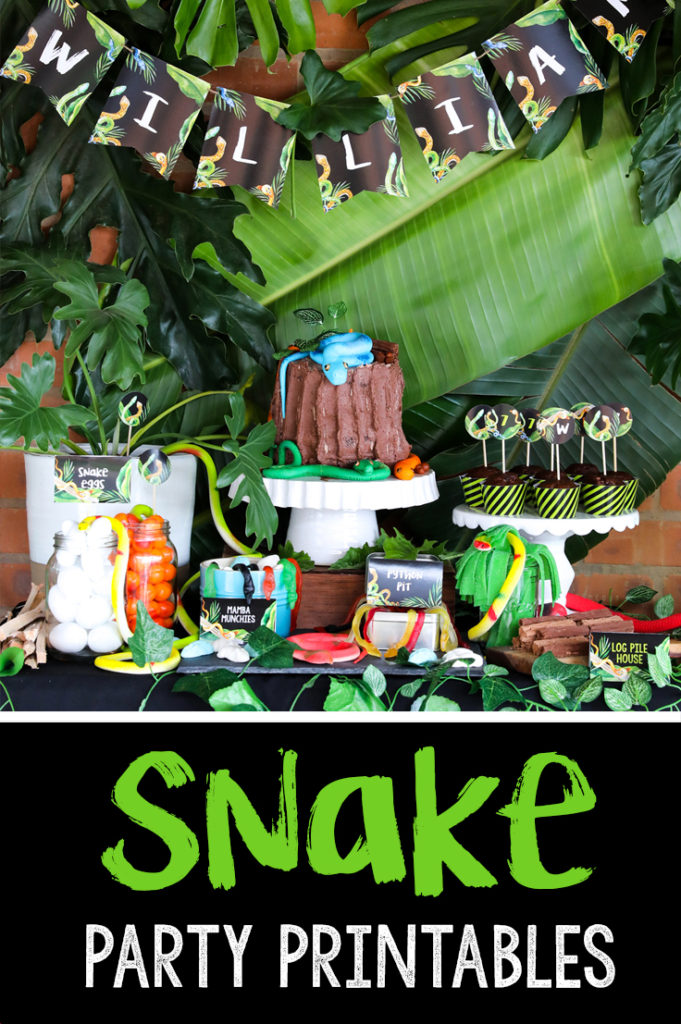 The coolest jungle snake party invitation and editable party printables ever! 