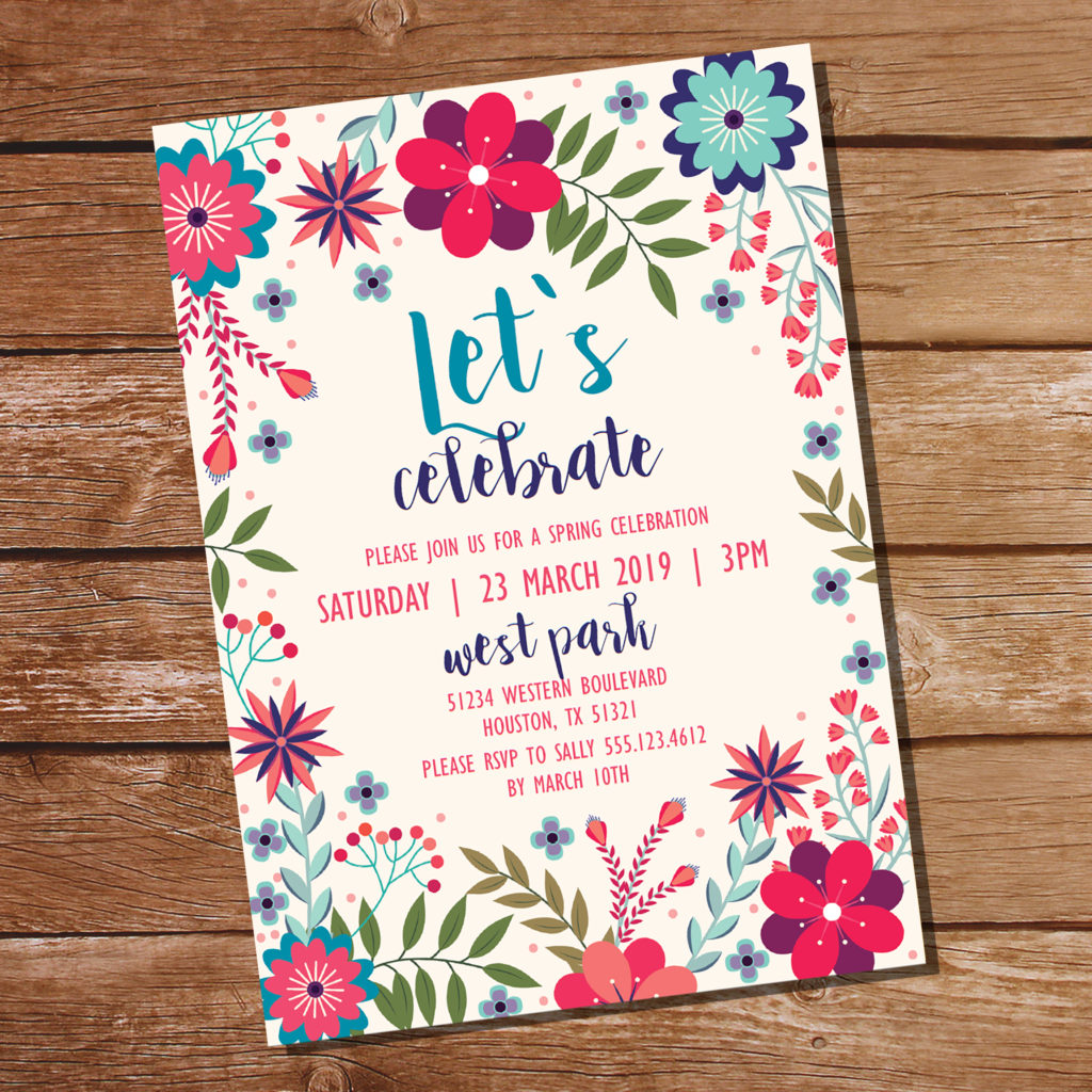 Fresh, fun and modern Spring party invitation - celebrate the promise of good times with this gorgeous, editable invitation - just download, edit using Adobe (include all your own party details) and print at home or at your local print shop!