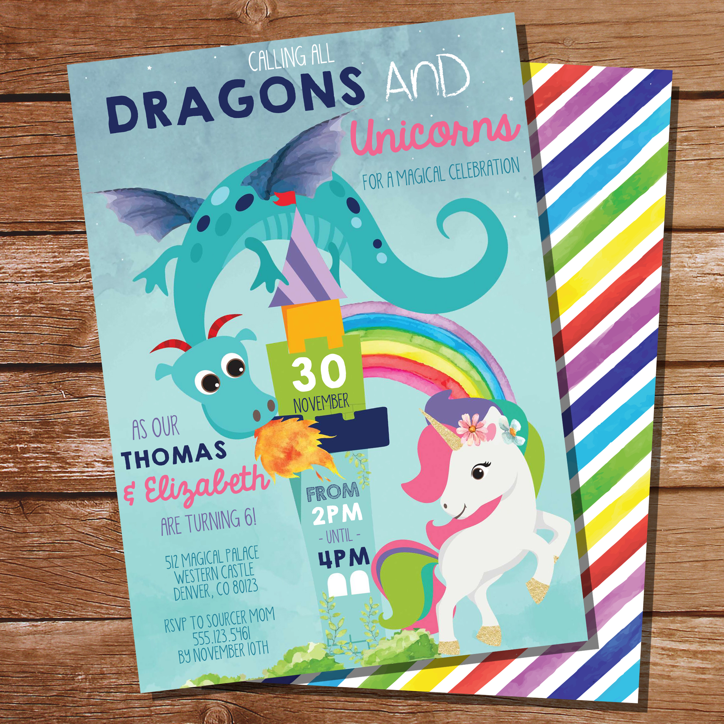 Gorgeous Dragons and Unicorns Editable Party Invitation