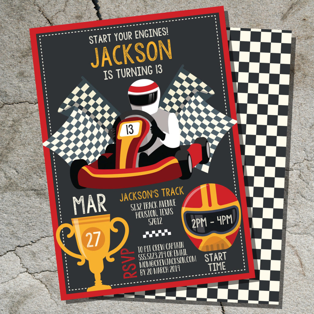 Super sharp go kart racing party invitation - bold and proud, with chequered flag backing design