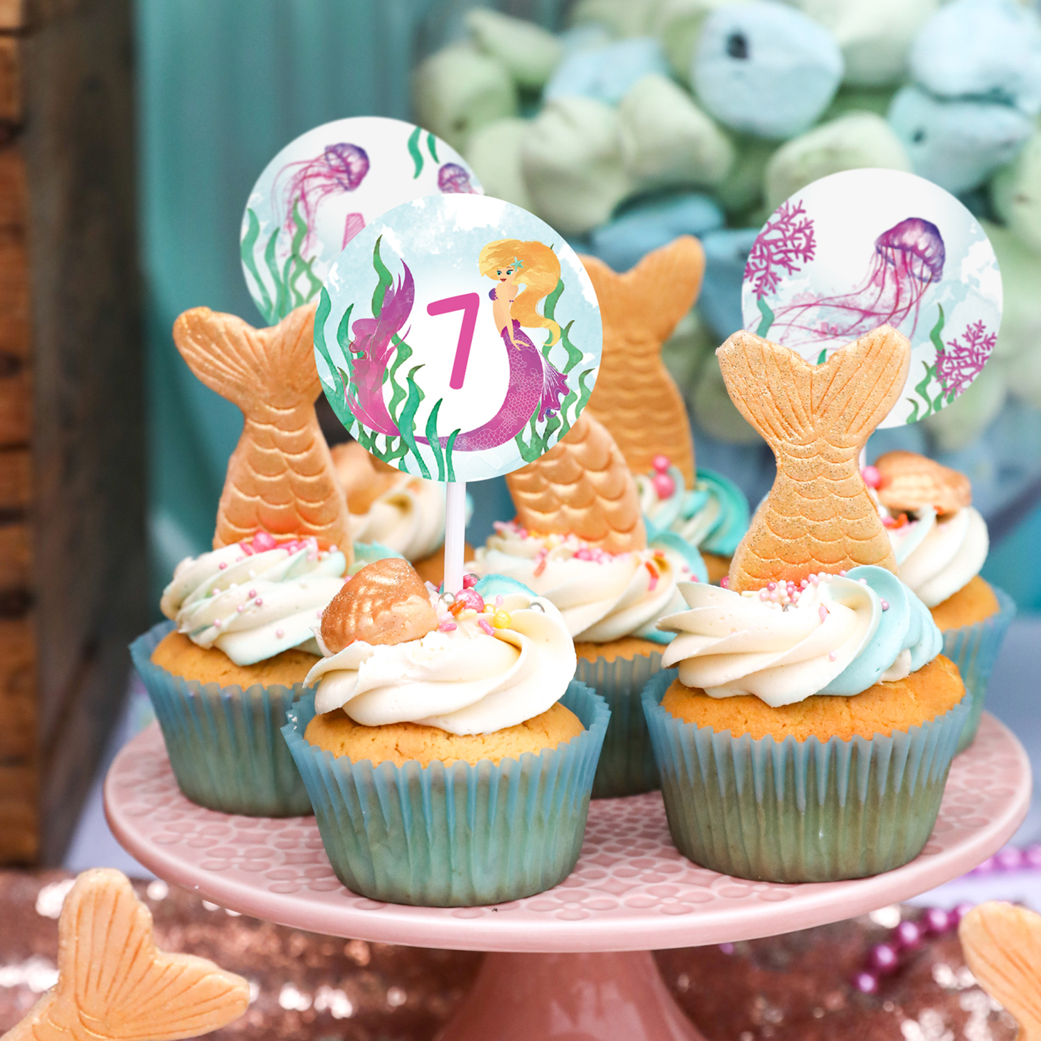 The prettiest pink and teal watercolor Mermaid party set - instant download, edit and print!