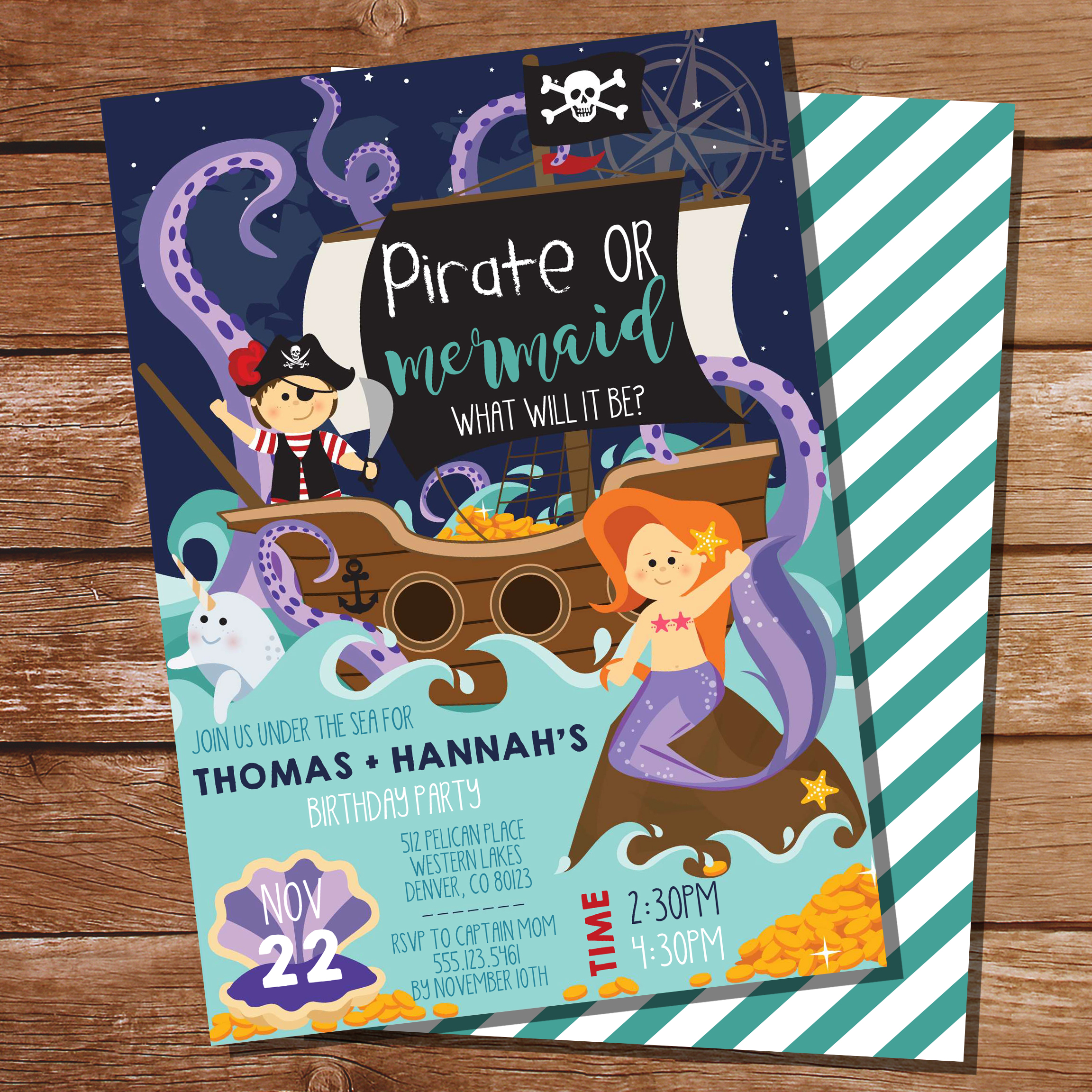 Pirate and Mermaid Editable Party Invitation
