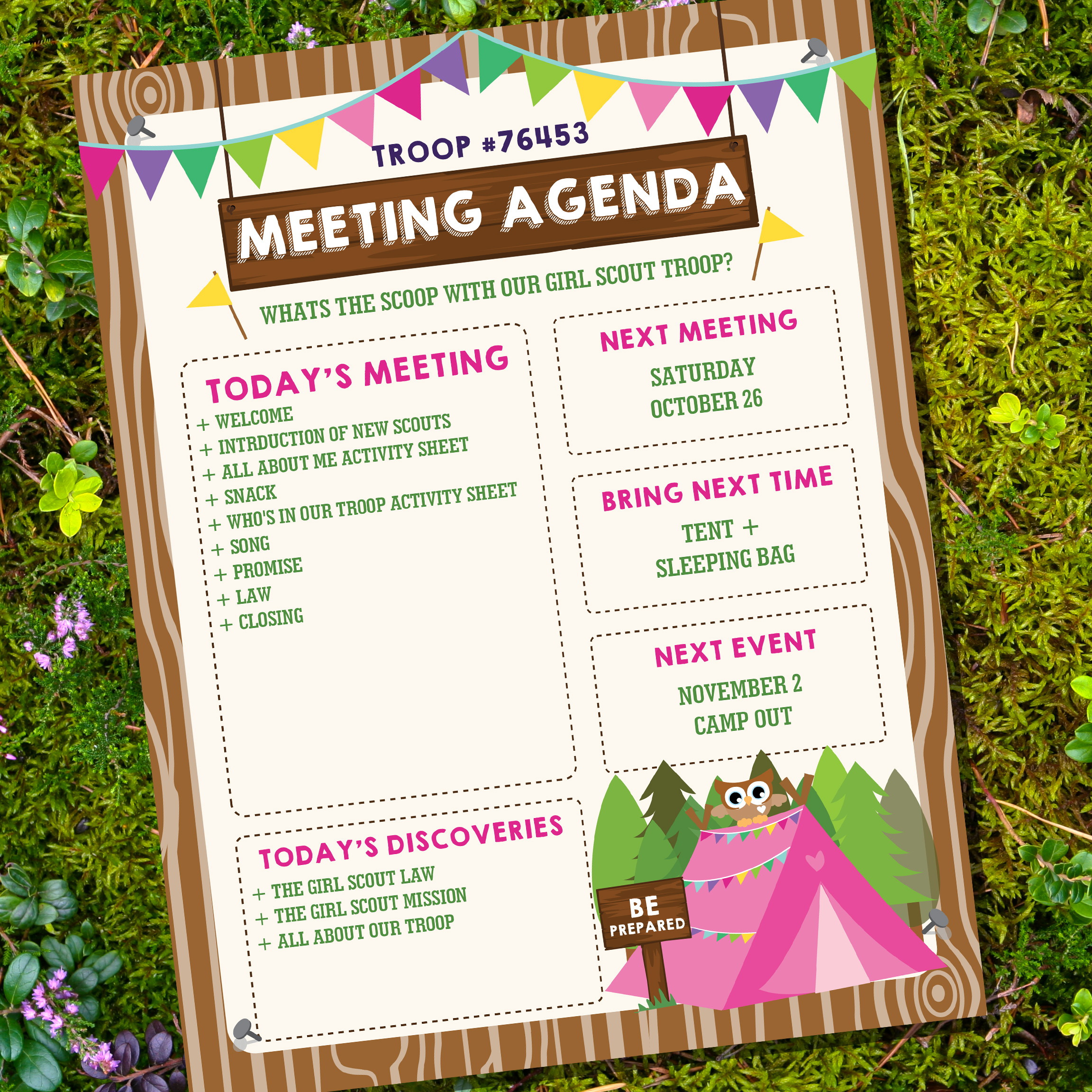 Be prepared meeting agenda for girl scouts, brownies or daisies 
