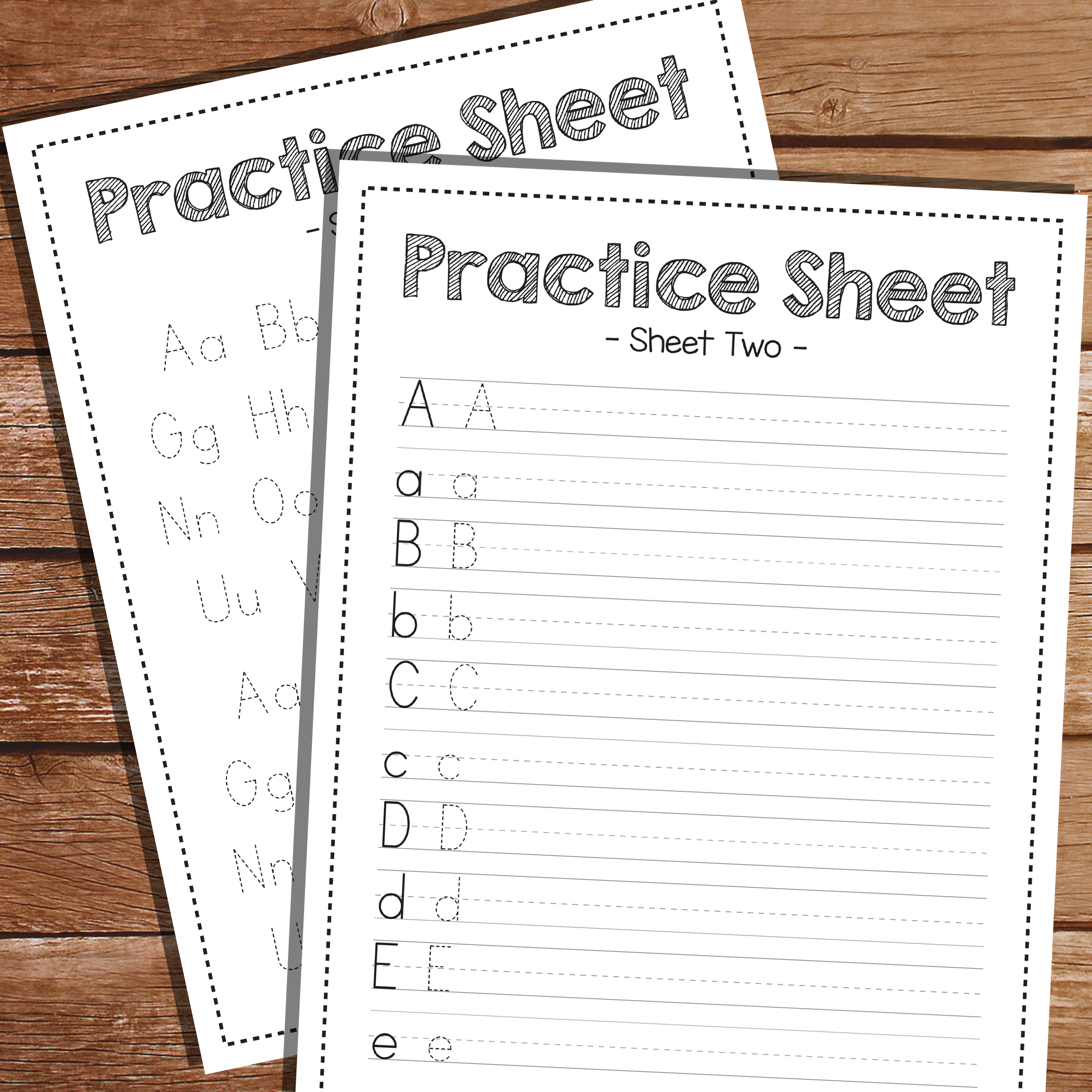 Printable practice sheets for learning to write upper and lower case letters.