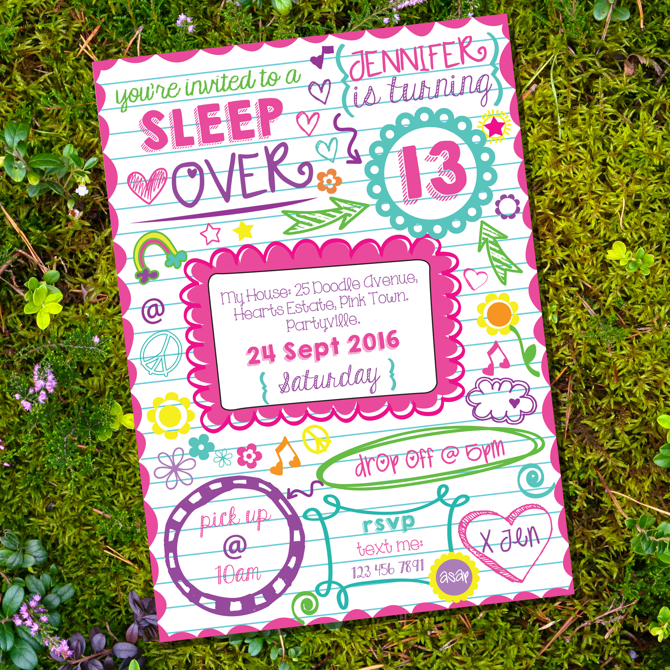 teens doodle slumber party invitation