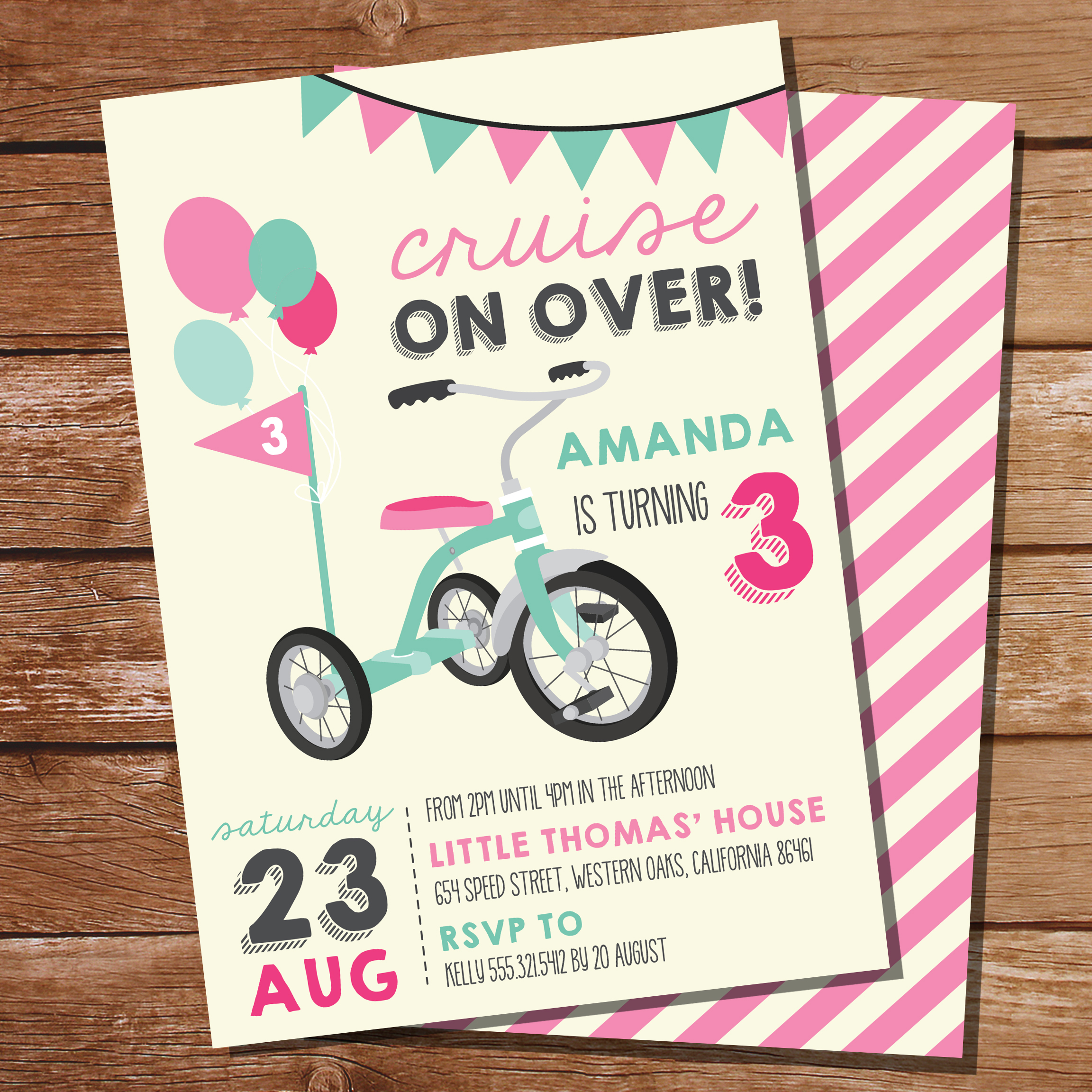 Vintage Tricycle Party Invitation Pink 