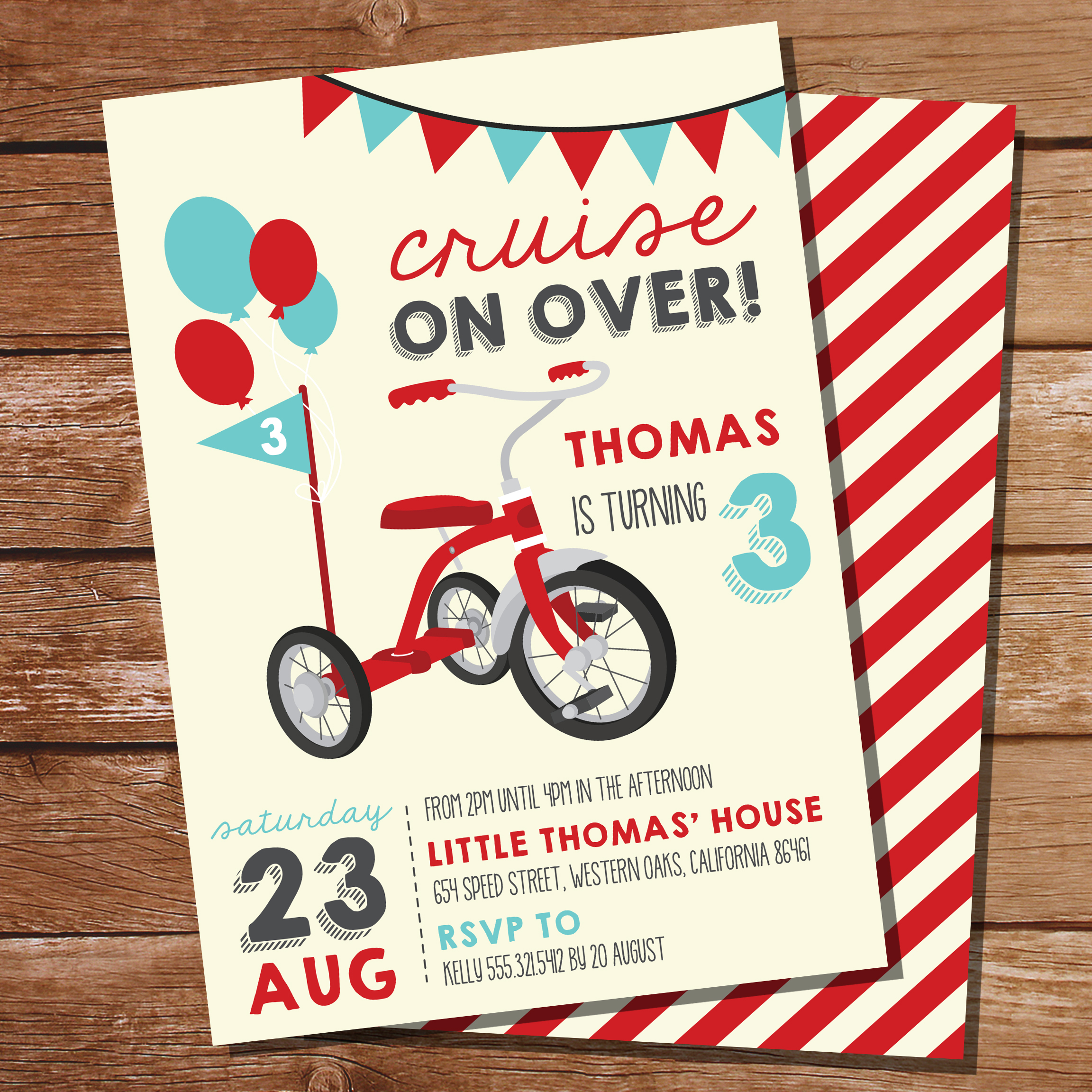 Vintage Tricycle Party Red Boys Birthday Invitation 