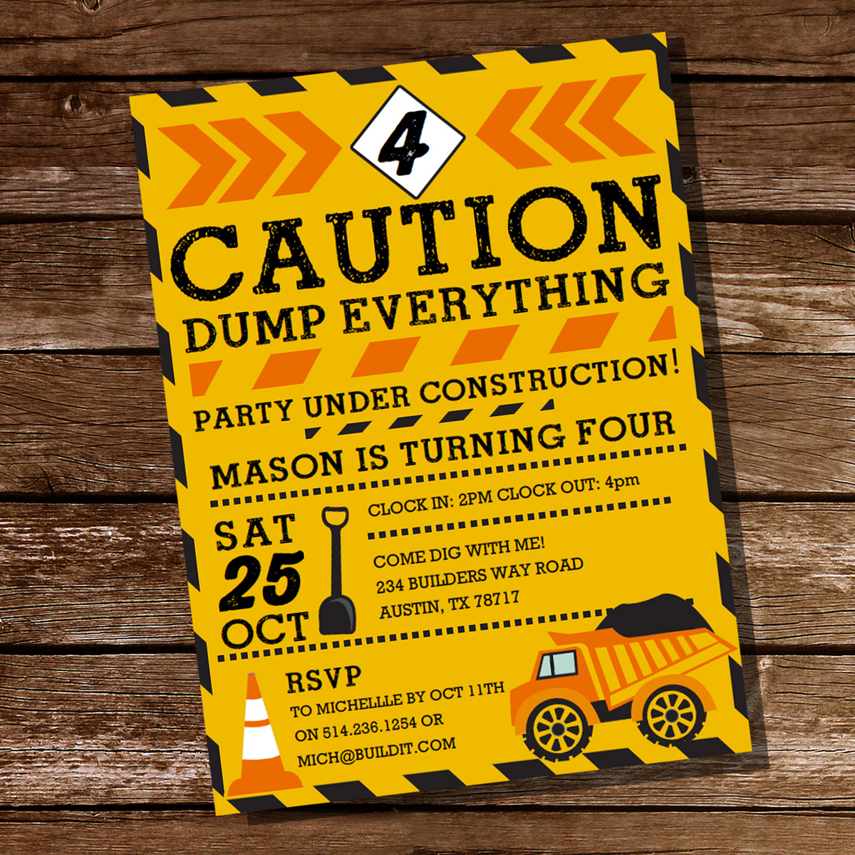 Dump Truck Caution Construction Party Invitation