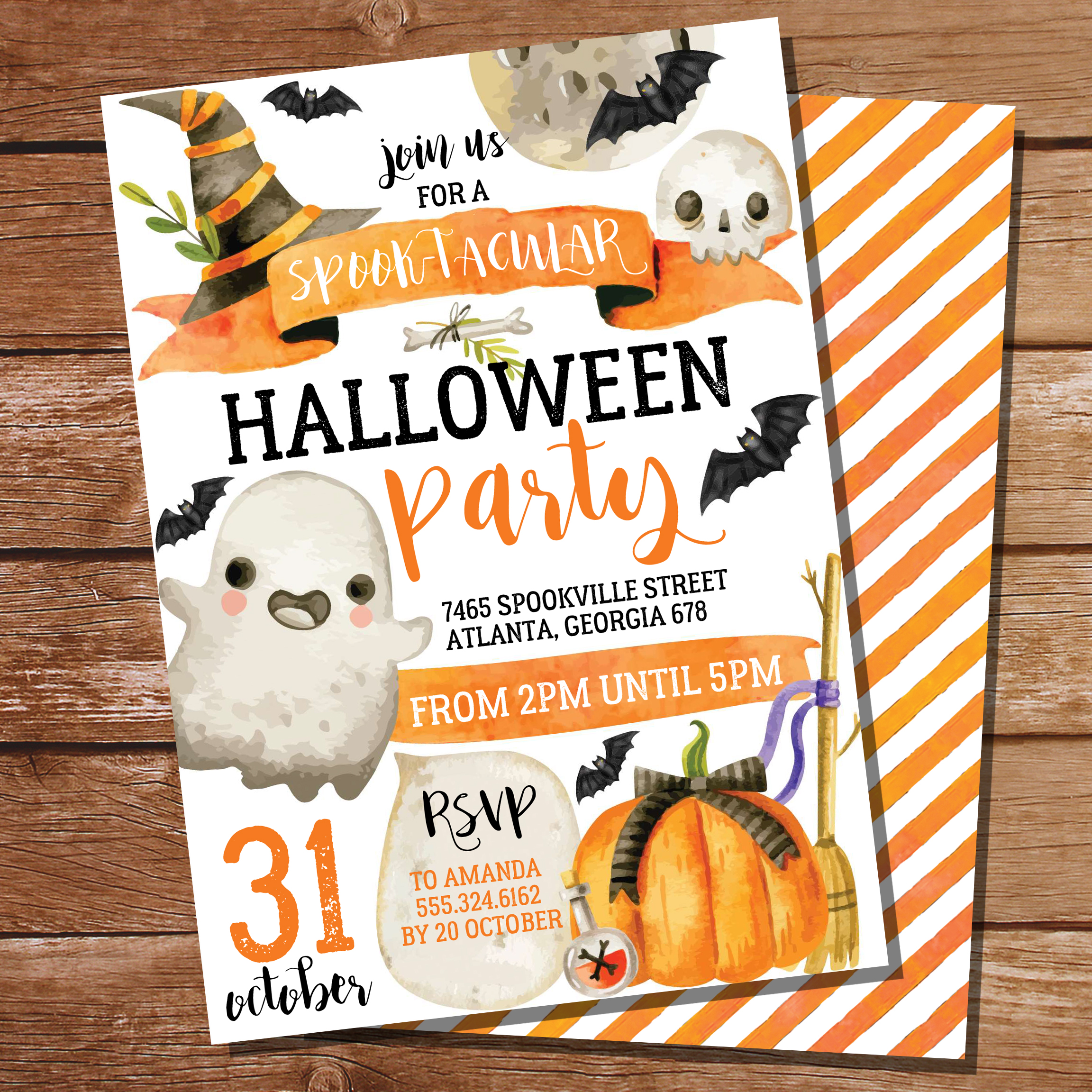 Editable Kids Halloween Party Watercolor Invitations