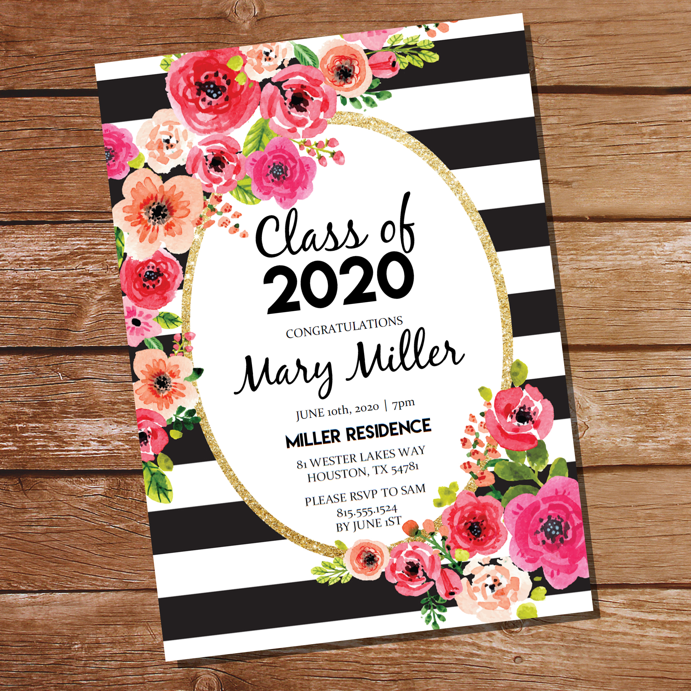 Floral Stripe Grad Party Invitation