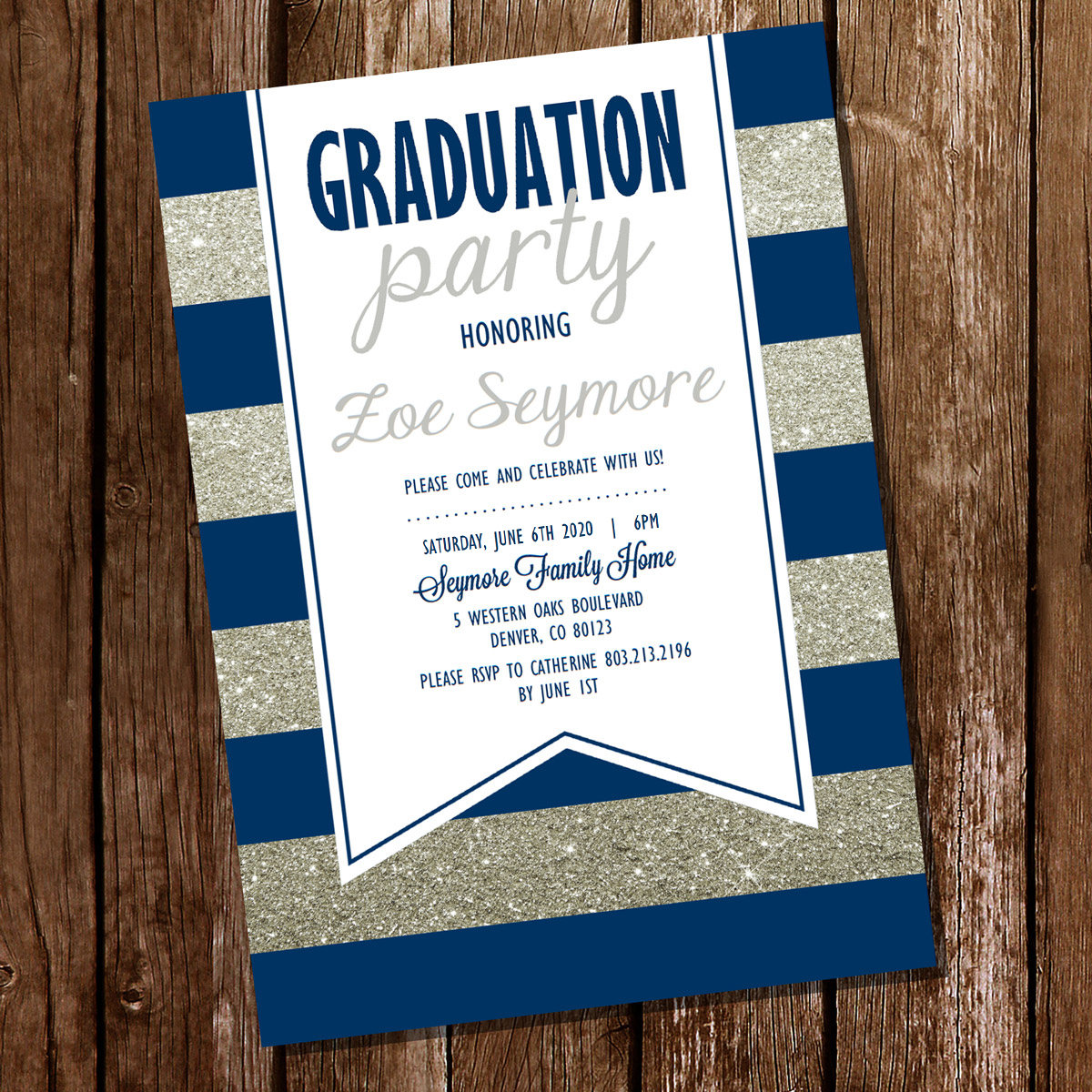 Preppy Navy and Silver Graduation Party Invitations