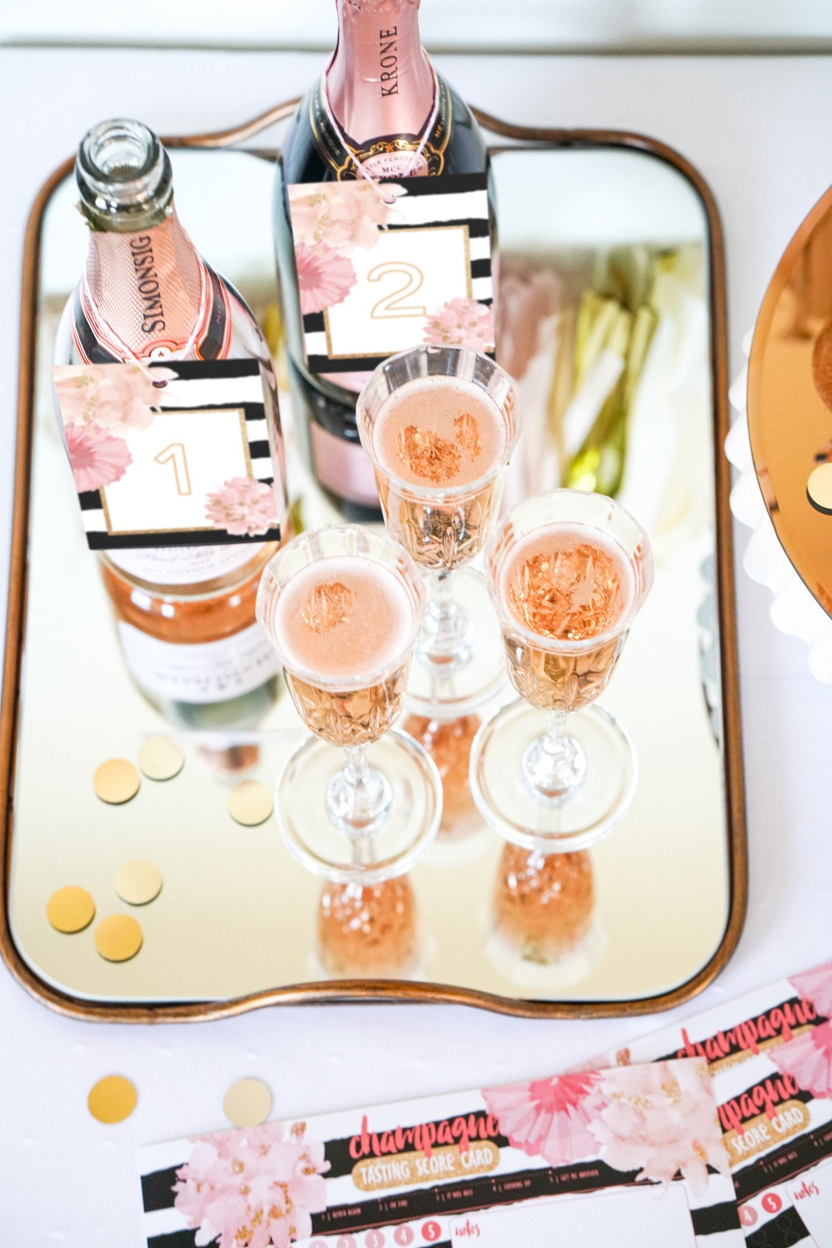 Champagne Tasting Party Pop Fizz Clink invites, score cards and botttle labels